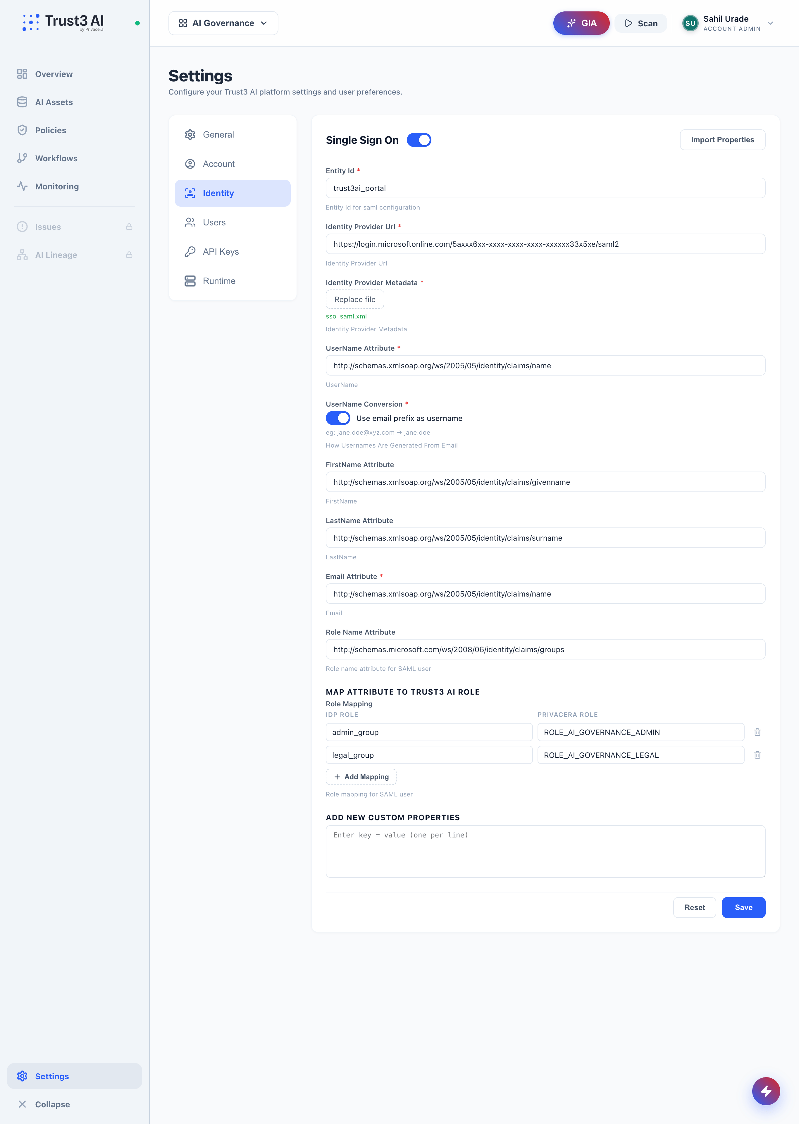 Trust3 AI portal SSO settings