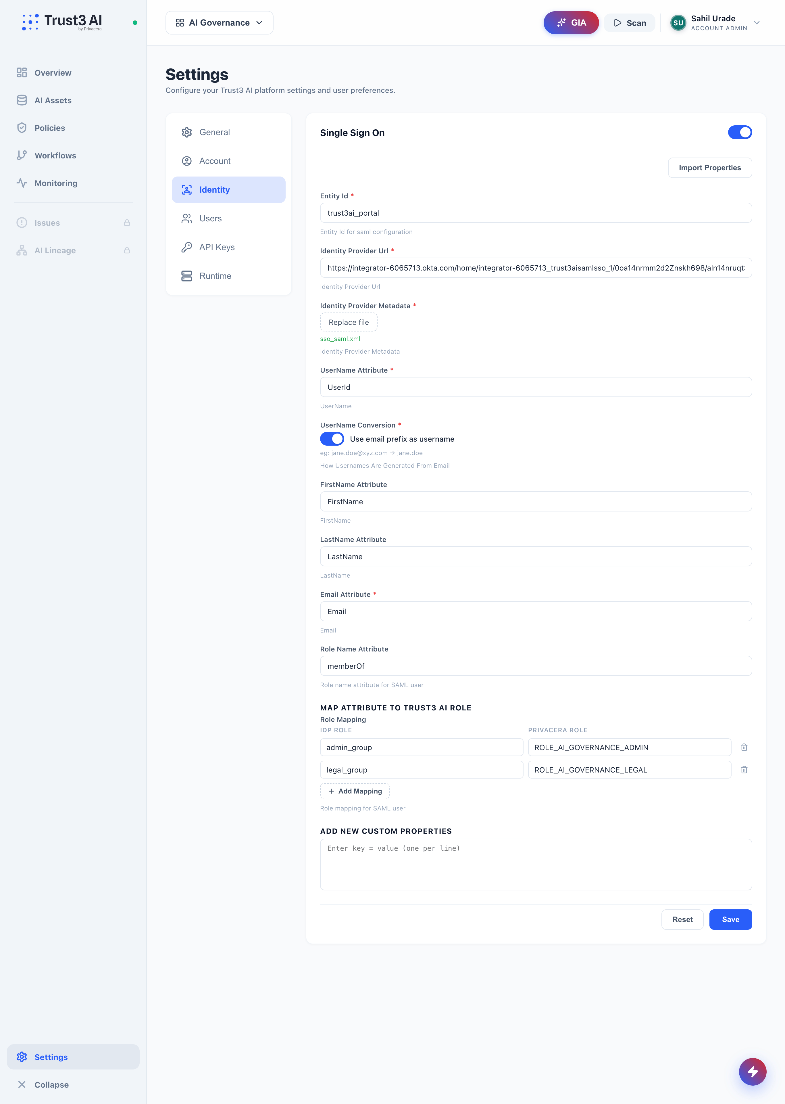 Trust3 AI portal SSO settings