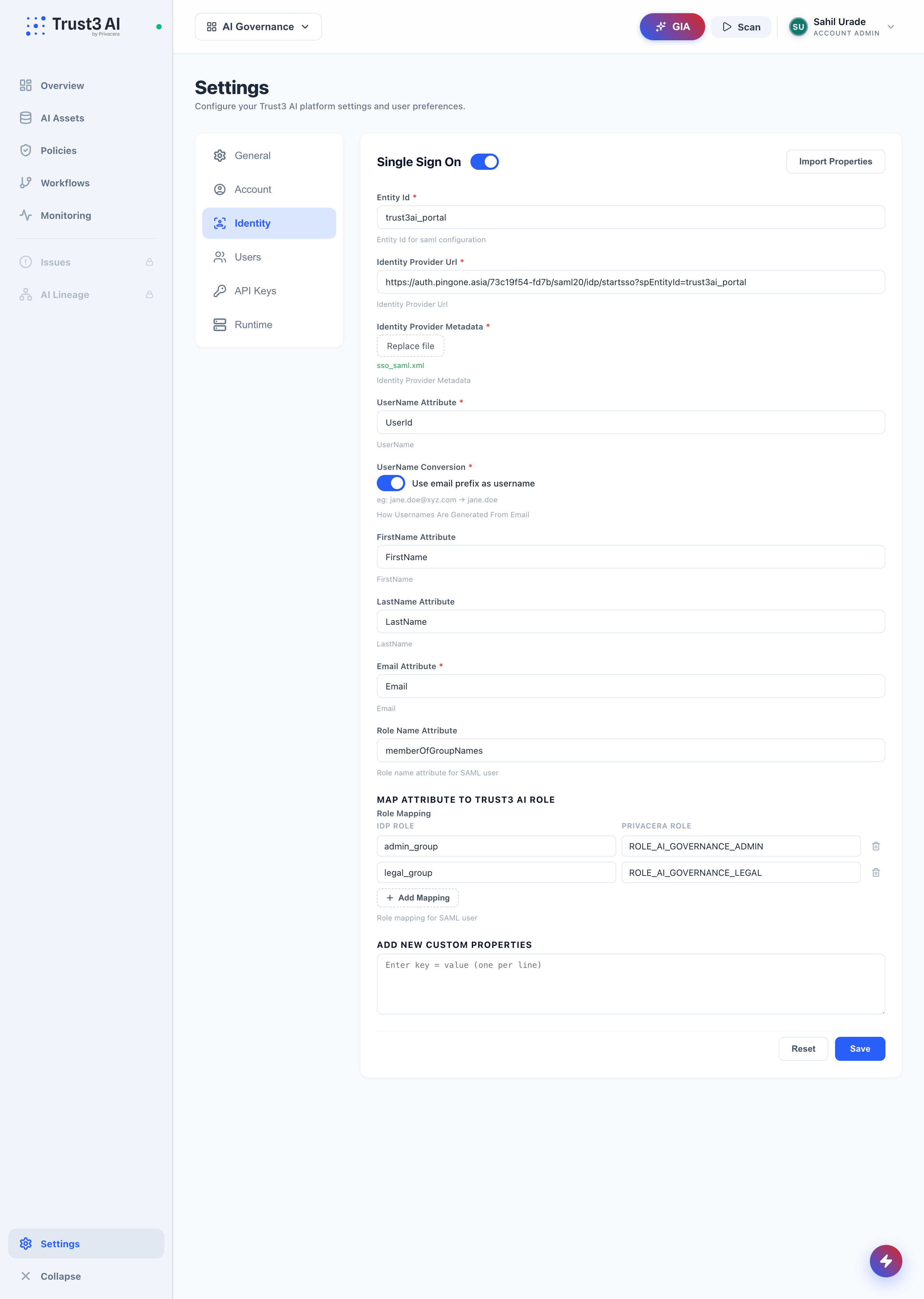 Trust3 AI portal SSO settings